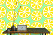 Load image into Gallery viewer, Vintage retro yellow lemon fruit fabric peel and stick wallpaper with table, vase and clock