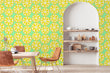Load image into Gallery viewer, Vintage retro yellow lemon fruit fabric peel and stick wallpaper in kitchen with chairs and table