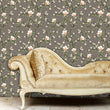 Load image into Gallery viewer, Victorian antique grey and pink botanical floral fabric peel and stick wallpaper with gold sofa