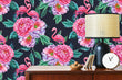 Load image into Gallery viewer, Dark black and pink tropical floral flamingo fabric peel and stick wallpaper with cabinet, lamp and clock