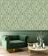 Load image into Gallery viewer, Green and gold antique geometric Art Deco fabric peel and stick wallpaper with chair and coffee table