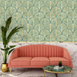 Load image into Gallery viewer, Green and gold antique geometric Art Deco fabric peel and stick wallpaper wit pink sofa, plant and coffee table