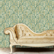 Load image into Gallery viewer, Green and gold antique geometric Art Deco fabric peel and stick wallpaper with gold sofa