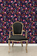 Load image into Gallery viewer, Dark gothic skeleton floral purple fabric peel and stick wallpaper with black chair
