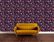 Load image into Gallery viewer, Dark gothic skeleton floral purple fabric peel and stick wallpaper with orange sofa