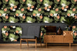 Load image into Gallery viewer, Pink and black dark tropical coastal palm fabric peel and stick wallpaper with vintage record player, plant and chair