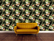 Load image into Gallery viewer, Pink and black dark tropical coastal palm fabric peel and stick wallpaper with orange sofa
