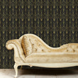 Load image into Gallery viewer, Black and gold geometric antique Art Deco fabric peel and stick wallpaper with gold sofa