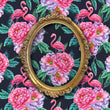 Load image into Gallery viewer, Dark black and pink tropical floral flamingo fabric peel and stick wallpaper with gold mirror