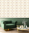 Load image into Gallery viewer, Gold antique geometric Art Deco fabric peel and stick wallpaper with green chair and coffee table