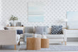 Load image into Gallery viewer, Beach house blue nautical coastal fish fabric peel and stick wallpaper in living room with sofa set and other decor
