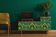 Load image into Gallery viewer, Blue, green and gold geometric Art Nouveau fabric wallpaper on vintage record player with plant and chair