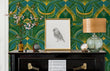 Load image into Gallery viewer, Blue, green and gold geometric Art Nouveau fabric wallpaper with piano, picture and lamp