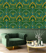 Load image into Gallery viewer, Blue, green and gold geometric Art Nouveau fabric wallpaper with green chair and table