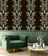 Load image into Gallery viewer, Black floral Chinoiserie antique Victorian fabric peel and stick wallpaper with green velvet chair and coffee table