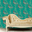 Load image into Gallery viewer, Blue botanical parrot Chinoiserie fabric peel and stick wallpaper with gold sofa