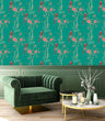 Load image into Gallery viewer, Blue botanical parrot Chinoiserie fabric peel and stick wallpaper with green chair and coffee table