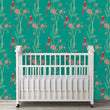 Load image into Gallery viewer, Blue botanical parrot Chinoiserie fabric peel and stick wallpaper in nursery with crib