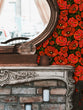 Load image into Gallery viewer, Black and red dark floral gothic fabric peel and stick wallpaper with dresser and brick