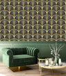 Load image into Gallery viewer, Black and gold geometric Art Deco fabric peel and stick wallpaper with green chair and coffee table
