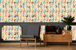 Load image into Gallery viewer, Retro geometric vintage Mid-century Modern colorful fabric peel and stick wallpaper with vintage record player, plant and chair
