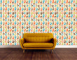 Load image into Gallery viewer, Retro geometric vintage Mid-century Modern colorful fabric peel and stick wallpaper with yellow sofa