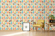 Load image into Gallery viewer, Retro geometric vintage Mid-century Modern colorful fabric peel and stick wallpaper with vintage radio, chair and picture