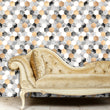 Load image into Gallery viewer, Gold and grey geometric fabric peel and stick wallpaper with gold sofa