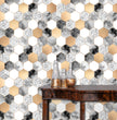 Load image into Gallery viewer, Gold and grey geometric fabric peel and stick wallpaper with table and gold jars