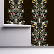 Load image into Gallery viewer, Black floral Chinoiserie antique Victorian fabric peel and stick wallpaper on wall partially rolled up