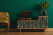 Load image into Gallery viewer, Grey and gold geometric Art Deco fabric peel and stick wallpaper with vintage radio, plant and chair