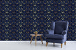 Load image into Gallery viewer, Blue and gold geometric Art Deco fabric peel and stick wallpaper with blue chair and table