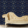 Load image into Gallery viewer, Blue and gold geometric Art Deco fabric peel and stick wallpaper with gold sofa