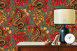 Load image into Gallery viewer, Gothic dragon floral fabric peel and stick wallpaper with cabinet lamp