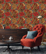 Load image into Gallery viewer, Gothic dragon floral fabric peel and stick wallpaper with red chair, cabinet and coffee table