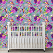 Load image into Gallery viewer, Purple and blue botanical floral hummingbird fabric peel and stick wallpaper in nursery with crib