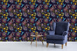 Load image into Gallery viewer, Blue and purple botanical floral hummingbird fabric peel and stick wallpaper with chair and small table with plant