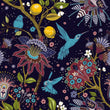 Load image into Gallery viewer, Blue and purple botanical floral hummingbird fabric peel and stick wallpaper sample