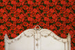 Load image into Gallery viewer, Black and red dark floral gothic fabric peel and stick wallpaper with antique bed