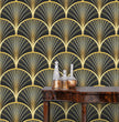 Load image into Gallery viewer, Black and gold geometric Art Deco fabric peel and stick wallpaper with table and gold jars