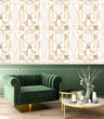 Load image into Gallery viewer, Gold and grey geometric antique Art Deco fabric peel and stick wallpaper with green chair and coffee table