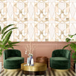 Load image into Gallery viewer, Gold and grey geometric antique Art Deco fabric peel and stick wallpaper with green chairs, coffee table and plants