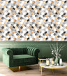 Load image into Gallery viewer, Gold and grey geometric fabric peel and stick wallpaper with green sofa and coffee table