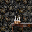 Load image into Gallery viewer, Gothic black spooky spider fabric peel and stick wallpaper with table and gold jars