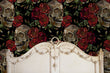 Load image into Gallery viewer, Dark gothic skull floral fabric peel and stick wallpaper with antique bed