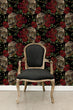 Load image into Gallery viewer, Dark gothic skull floral fabric peel and stick wallpaper with black chair