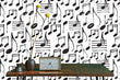 Load image into Gallery viewer, Black and white music notes fabric peel and stick wallpaper with table and clock
