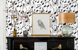 Load image into Gallery viewer, Black and white music notes fabric peel and stick wallpaper with piano, lamp and picture