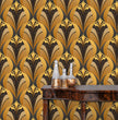 Load image into Gallery viewer, Gold and brown antique geometric Art Deco fabric peel and stick wallpaper with table and gold jars