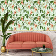 Load image into Gallery viewer, Vintage antique botanical floral fabric peel and stick wallpaper with pink sofa, coffee table and plant